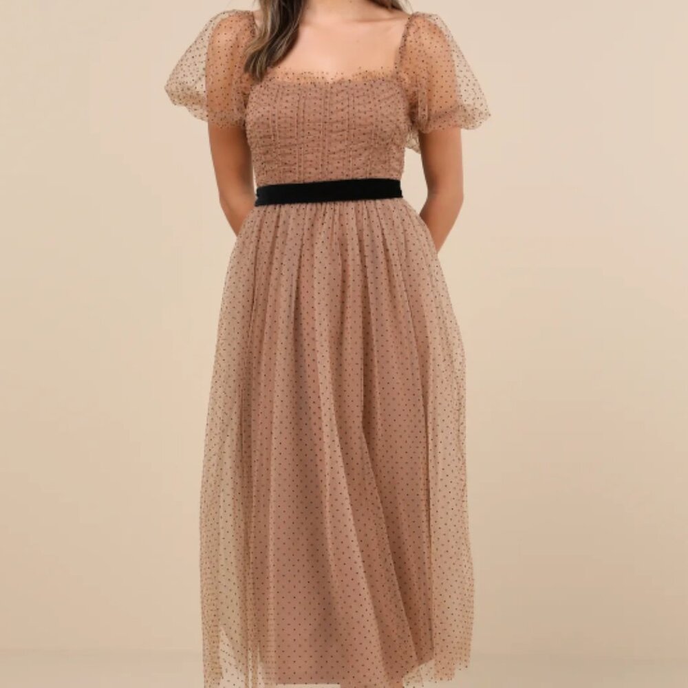 Lulus Curated Crush Tan Tulle Ruched Swiss Dot Puff Sleeve Midi Dress